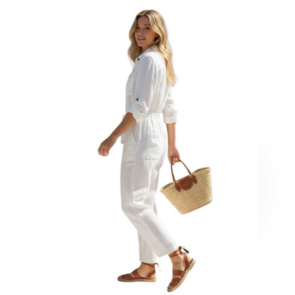 Zara White Linen Blend Utility Jumpsuit XS